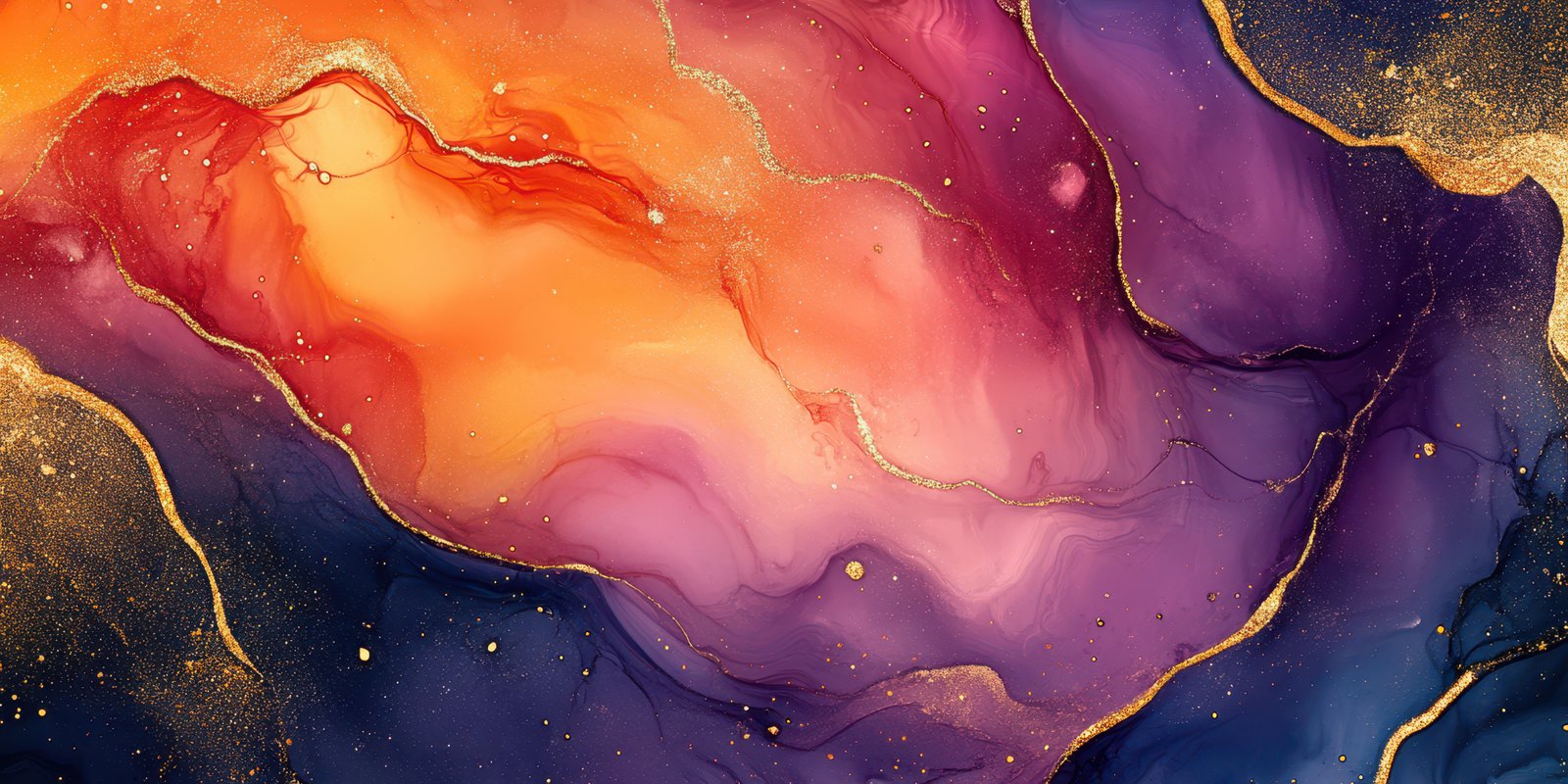 Vibrant abstract art showcasing swirling colors and metallic accents in deep orange, purple, and gold shades